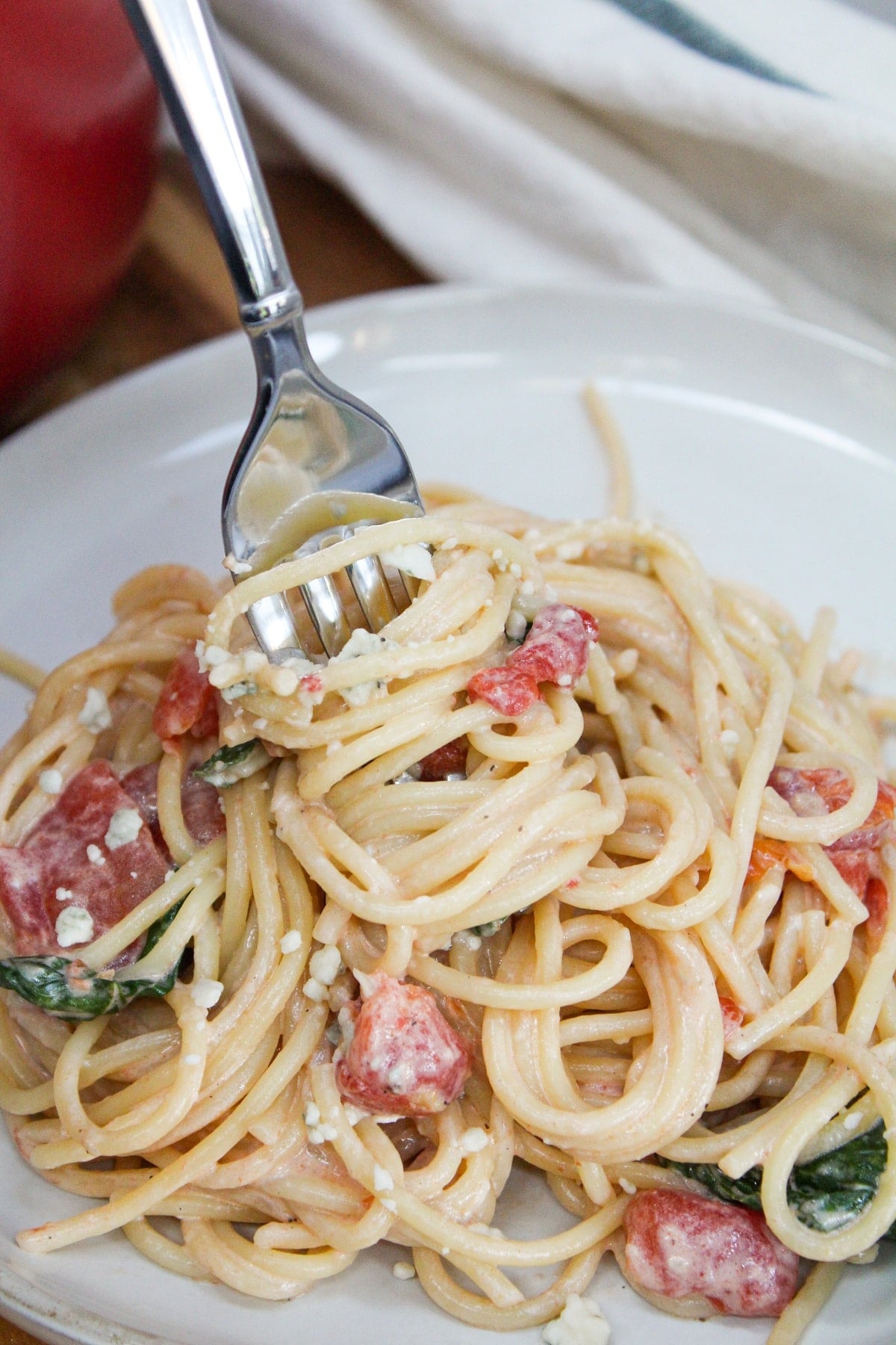 blue cheese and tomato pasta with fork