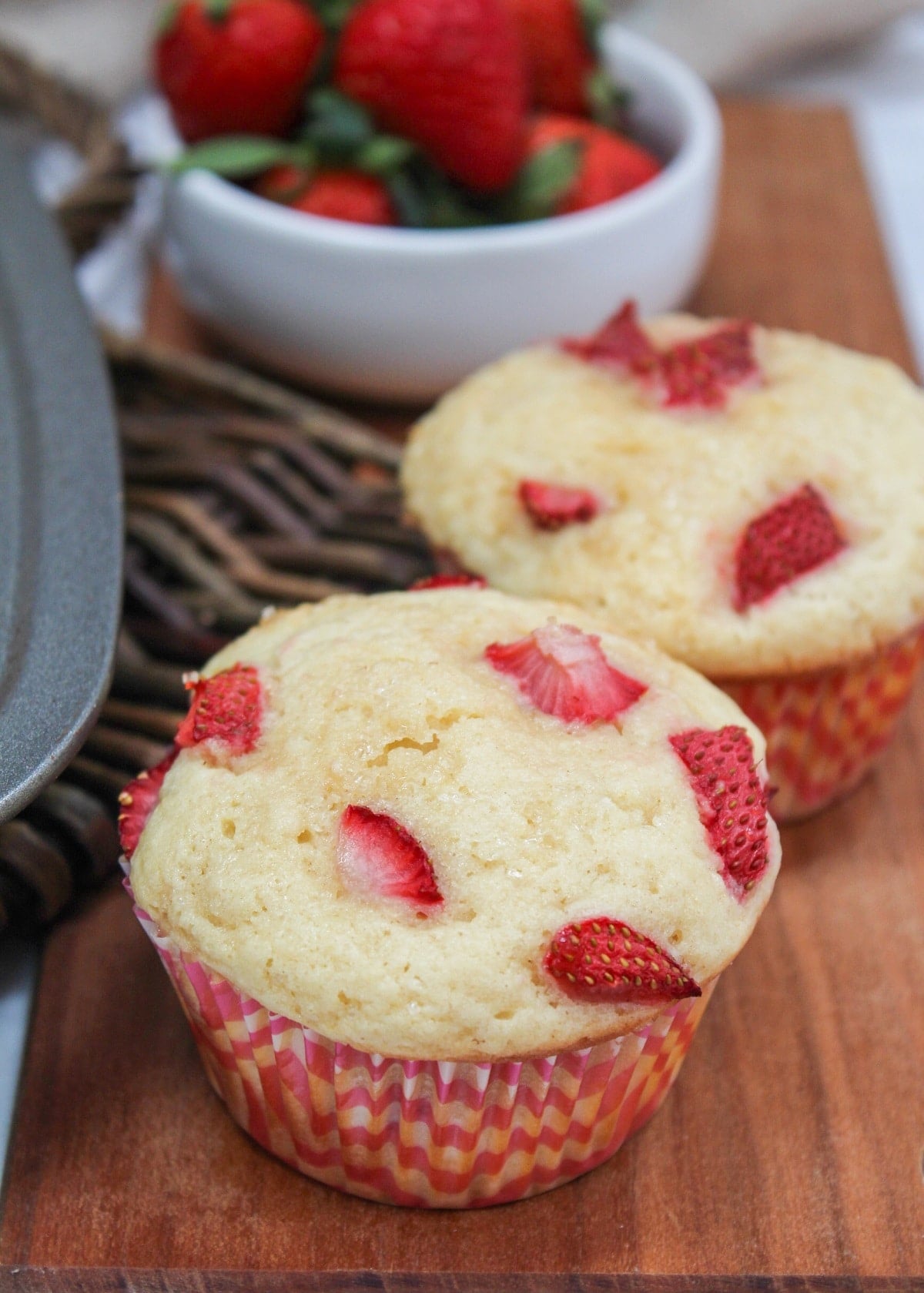 strawberries and cream muffins on serving board