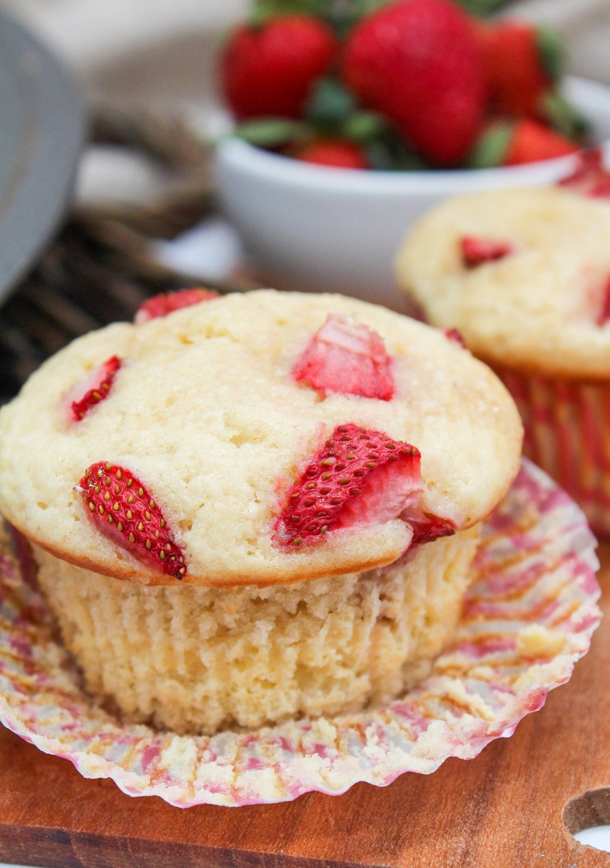 strawberries and cream muffins unwrapped from pink wrapper
