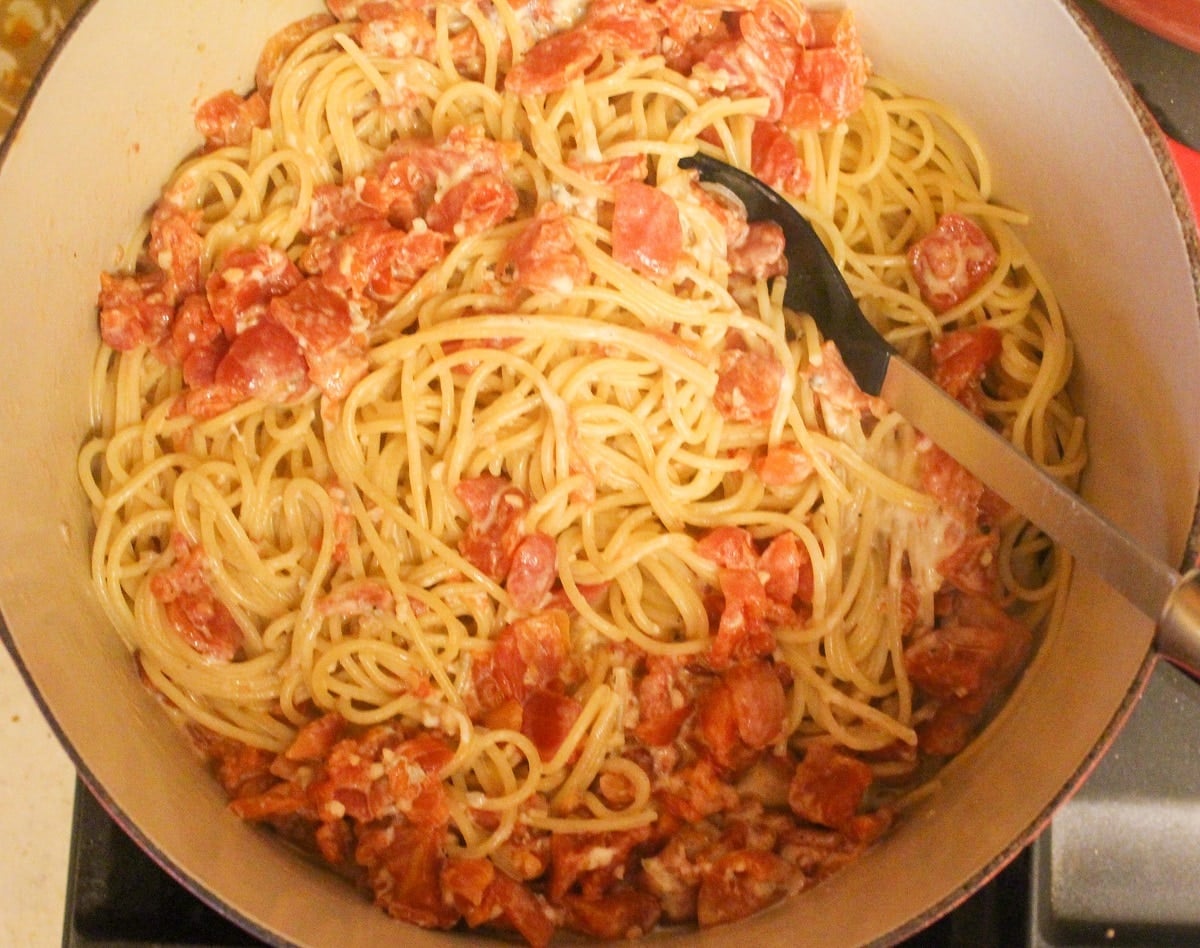 pasta and tomato sauce in a pot