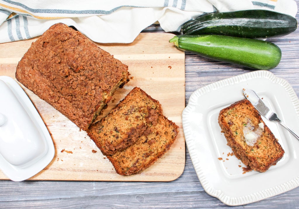 Banana Zucchini Crumble Bread on a cutting board
