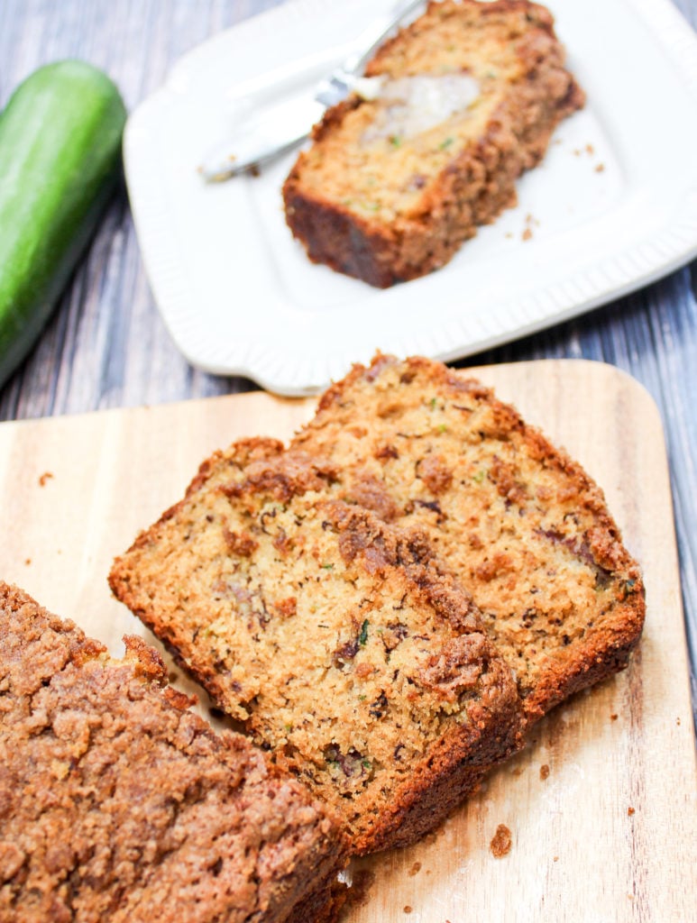Banana Zucchini Crumble Bread on a cutting board
