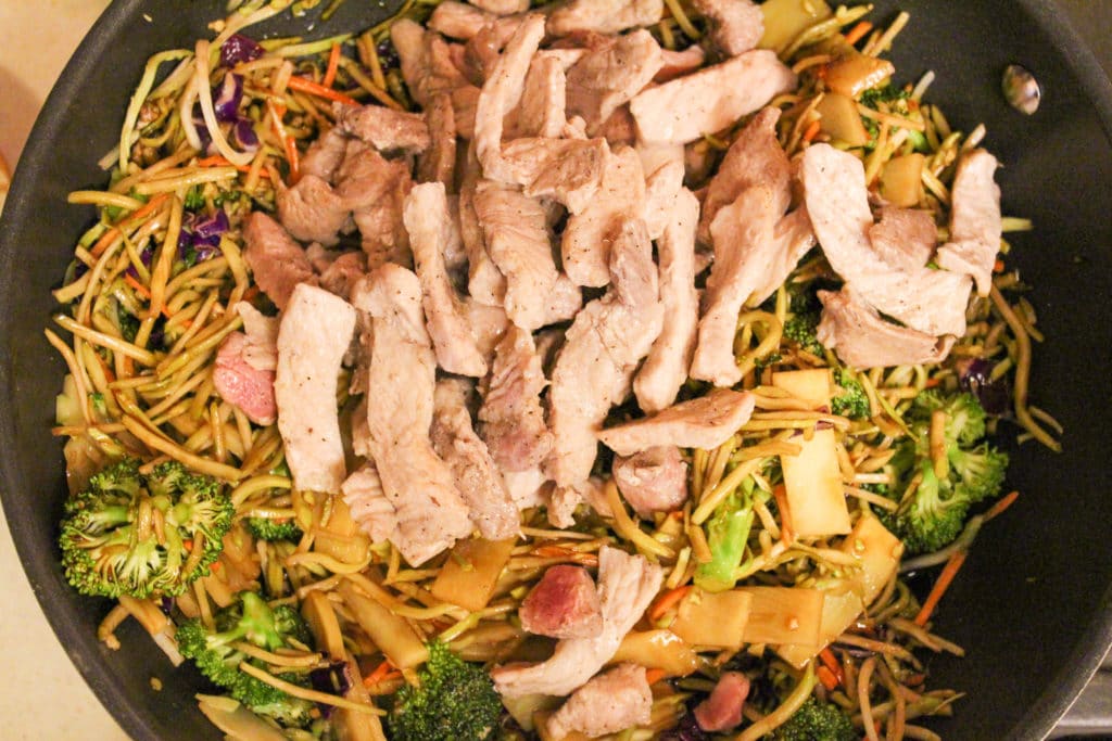 pork sauce and broccoli in pan