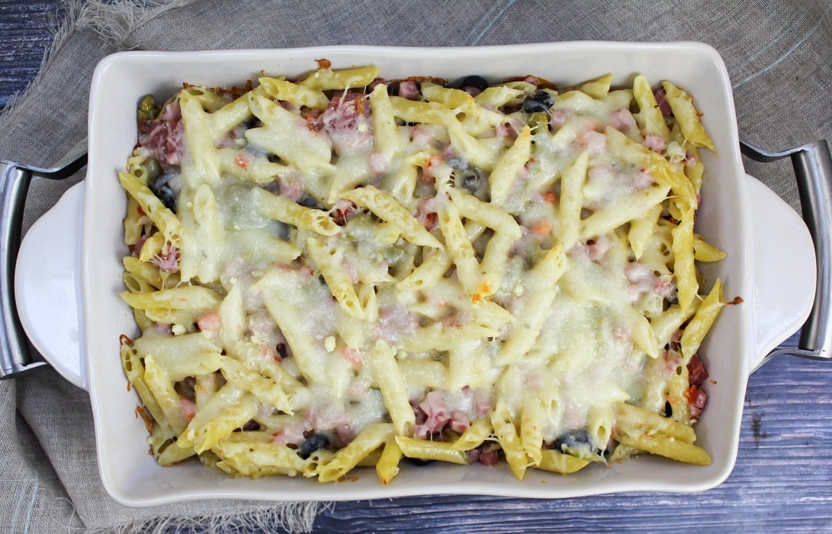 muffaletta casserole in a baking dish