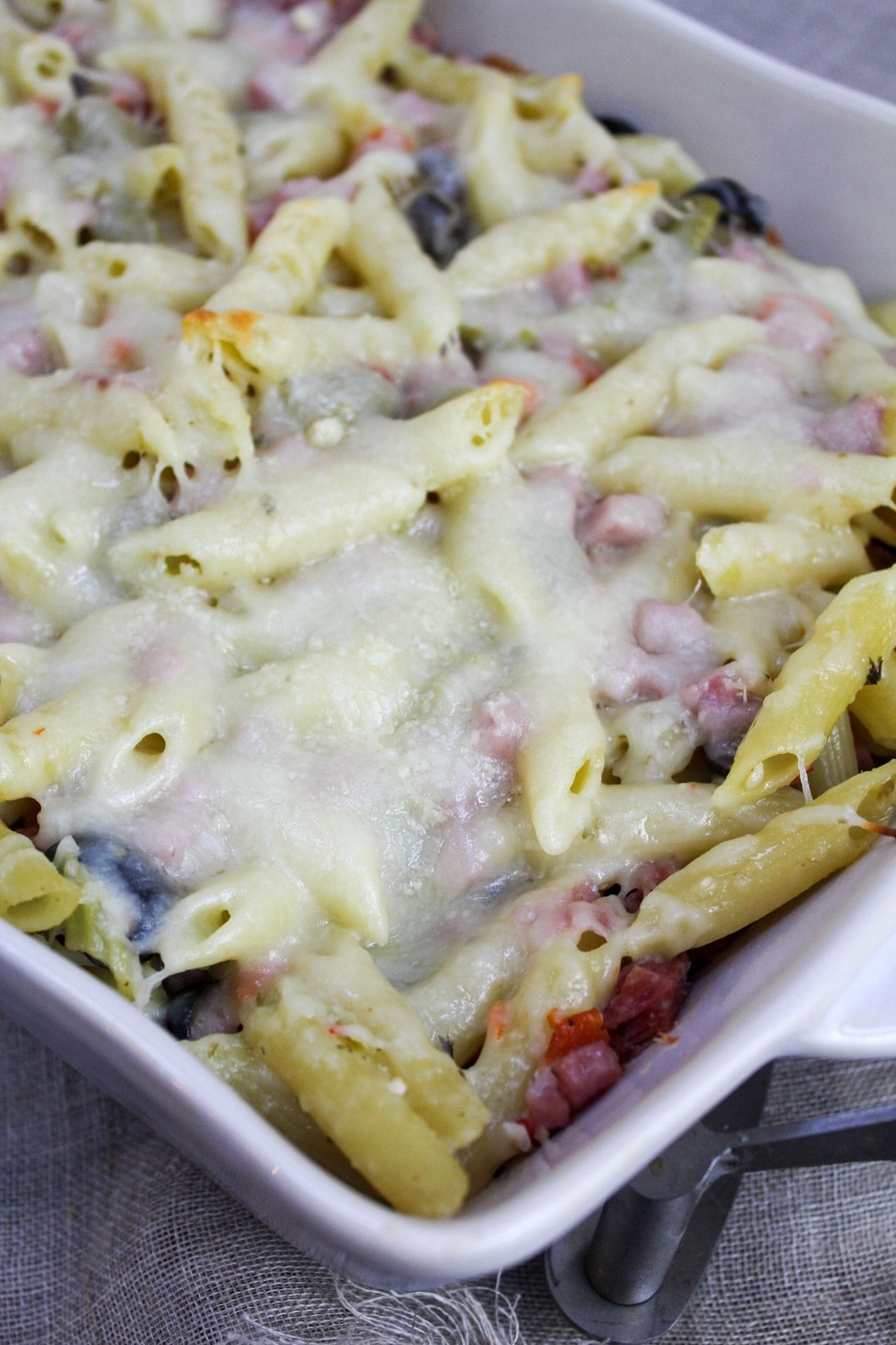 muffaletta casserole in a baking dish