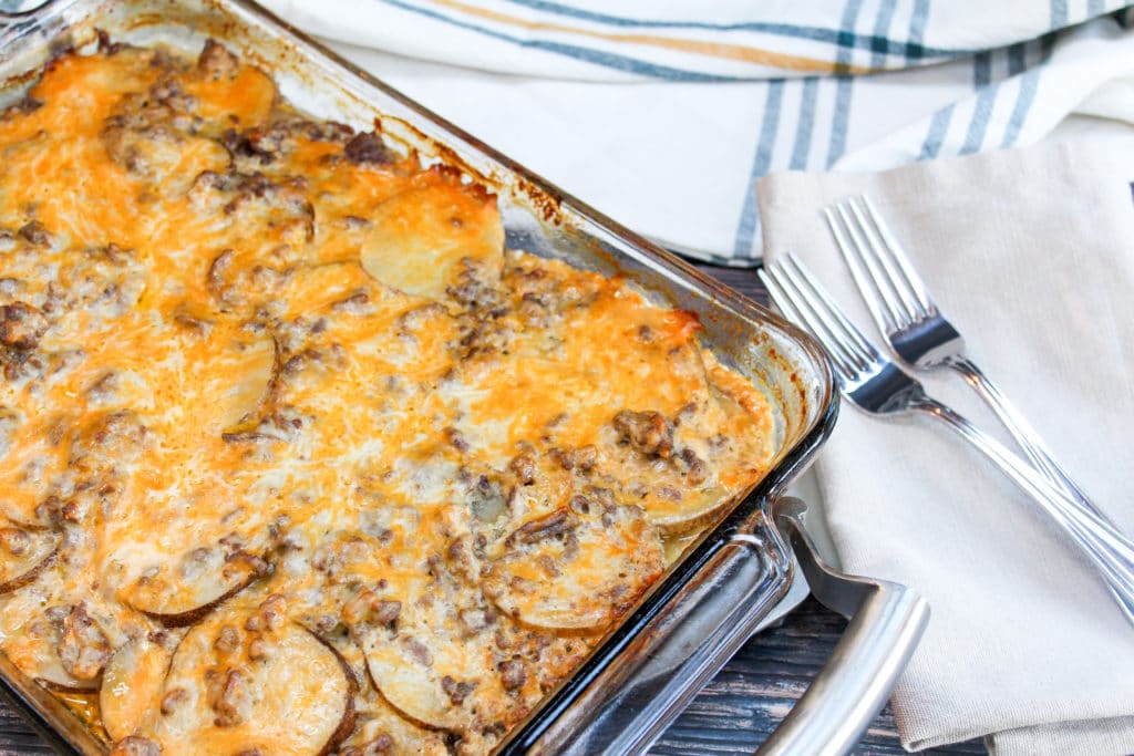 Casserole in a glass baking dish