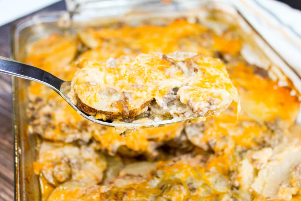 Casserole on a serving spoon