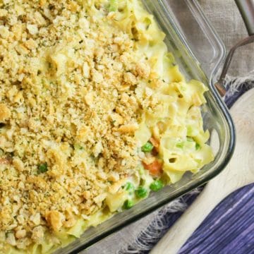 overhead photo of creamy chicken noodle casserole