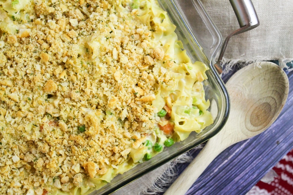 overhead photo of creamy chicken noodle casserole