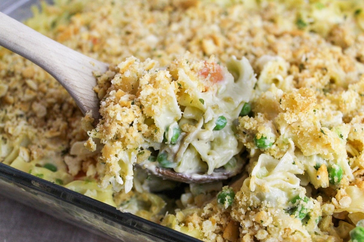 casserole scooped from pan
