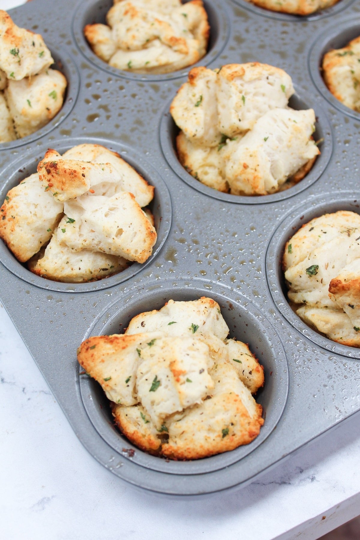 Mini Garlic Monkey Bread in pan