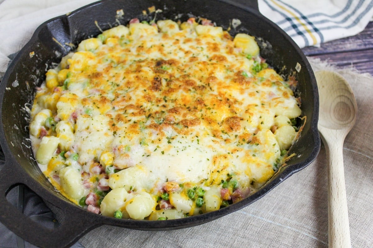 prep photos for ham and cheese gnocchi in cast iron skillet