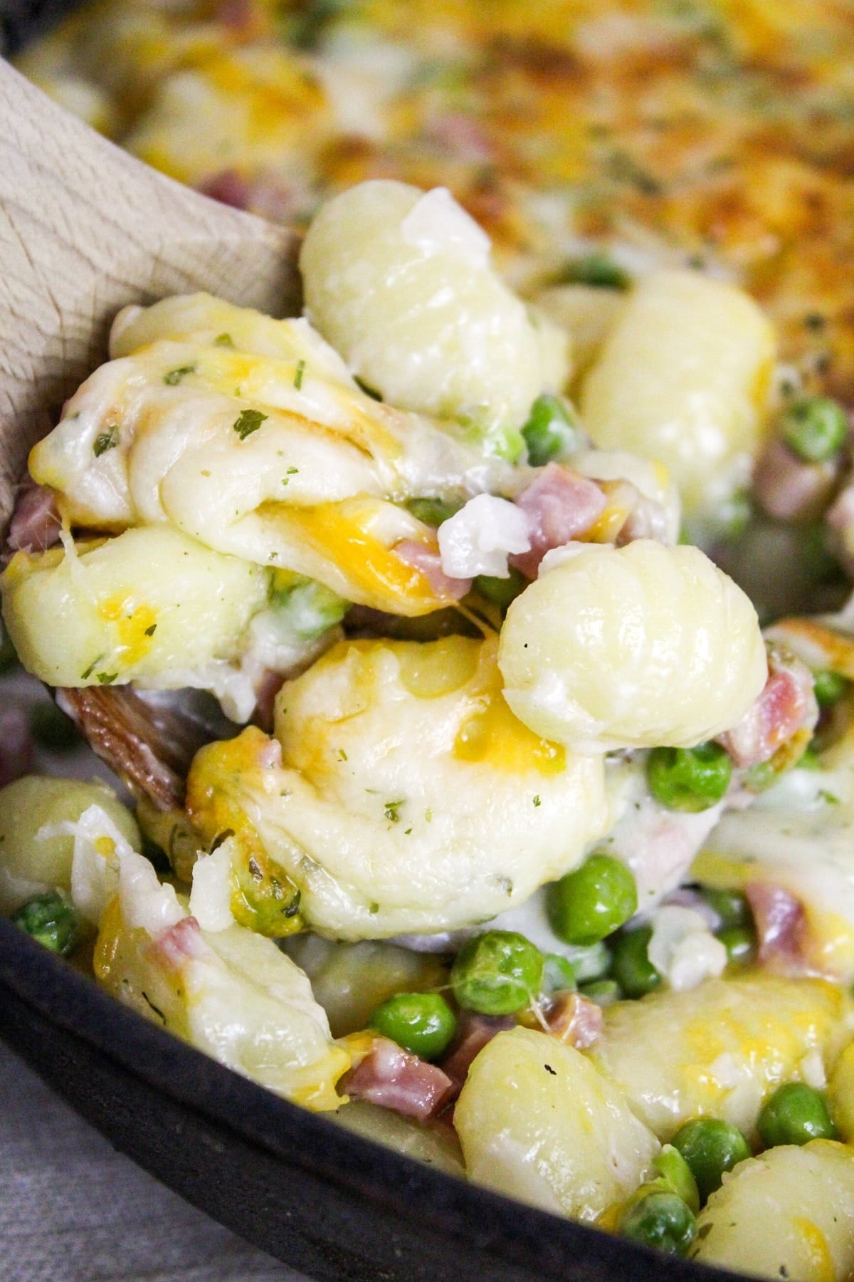 prep photos for ham and cheese gnocchi skillet close up photo on spoon