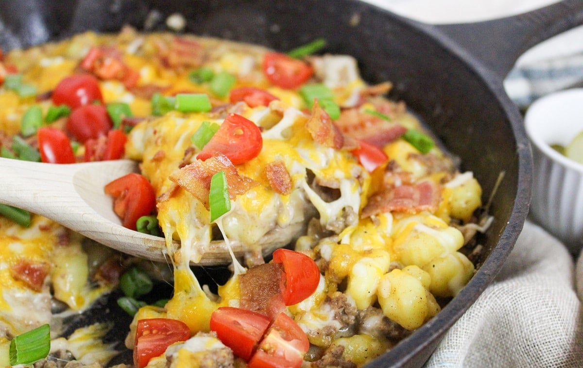 Bacon Cheeseburger Gnocchi Skillet in cast iron skillet