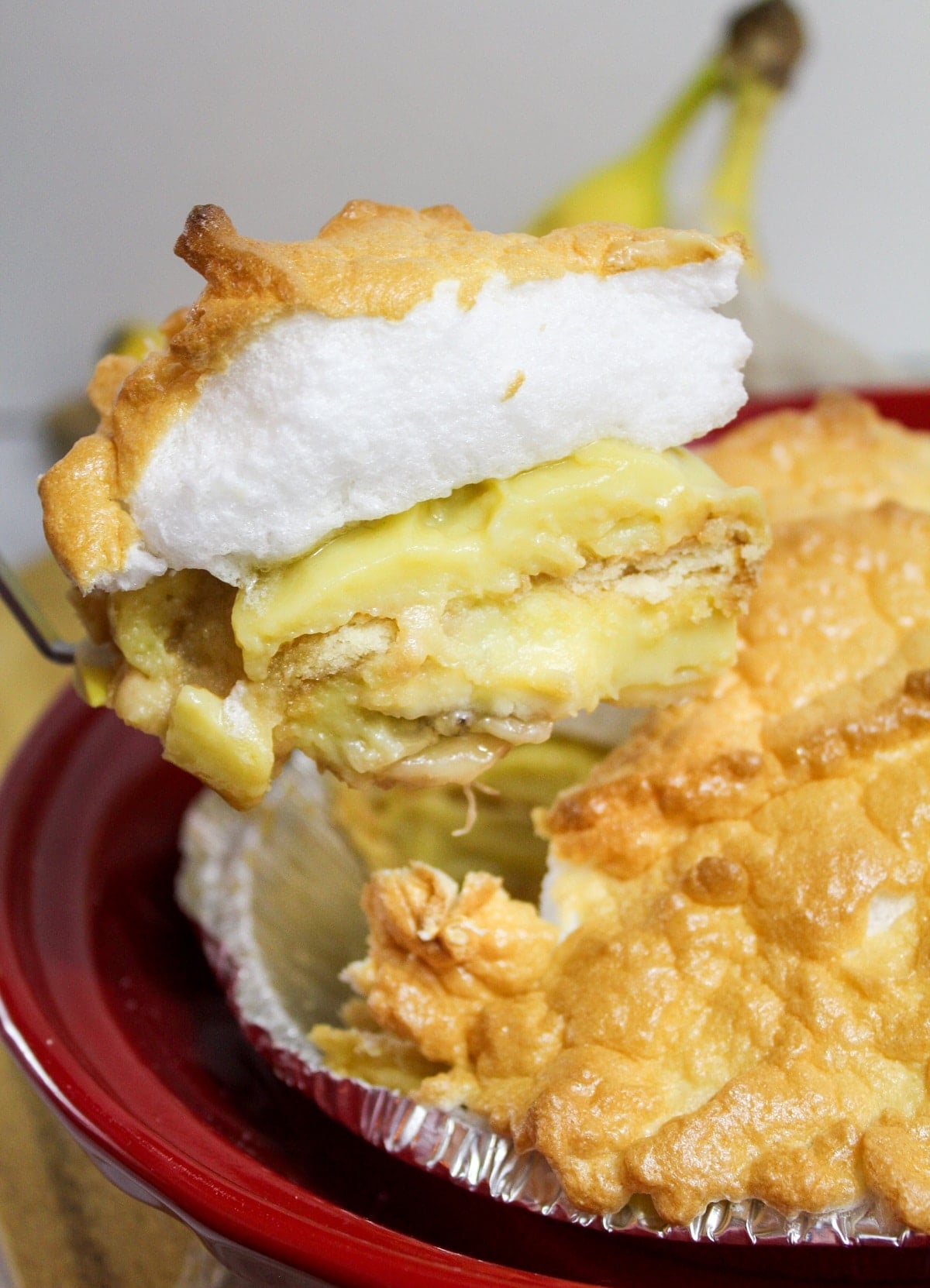 banana meringue scooped from pie plate