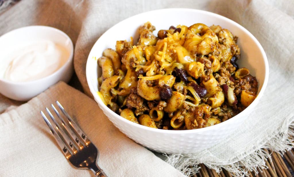 chili mac in a bowl
