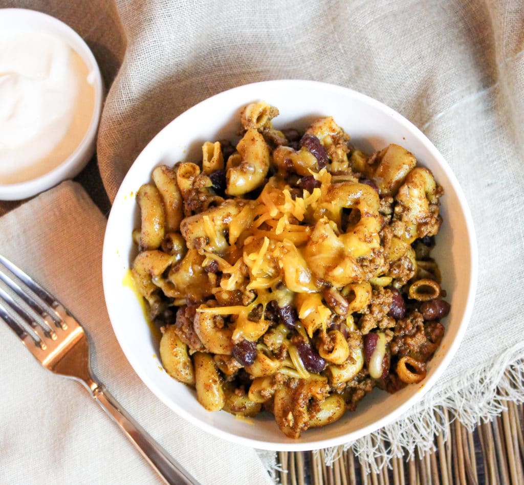 chili mac in a bowl