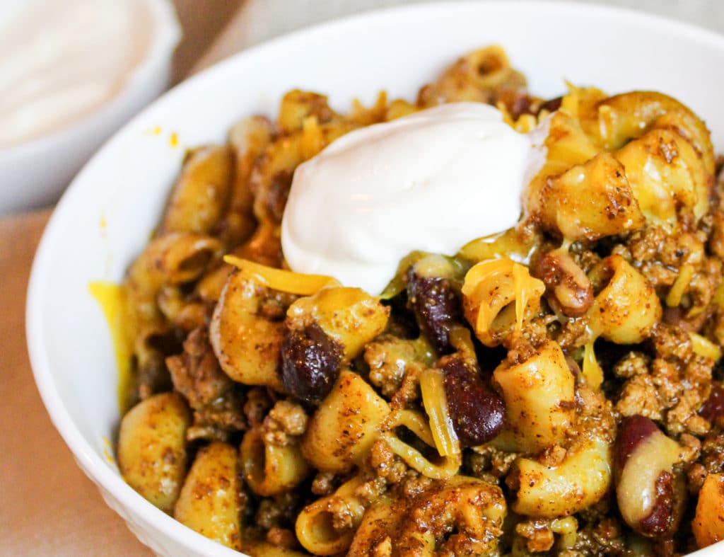 chili mac in a bowl