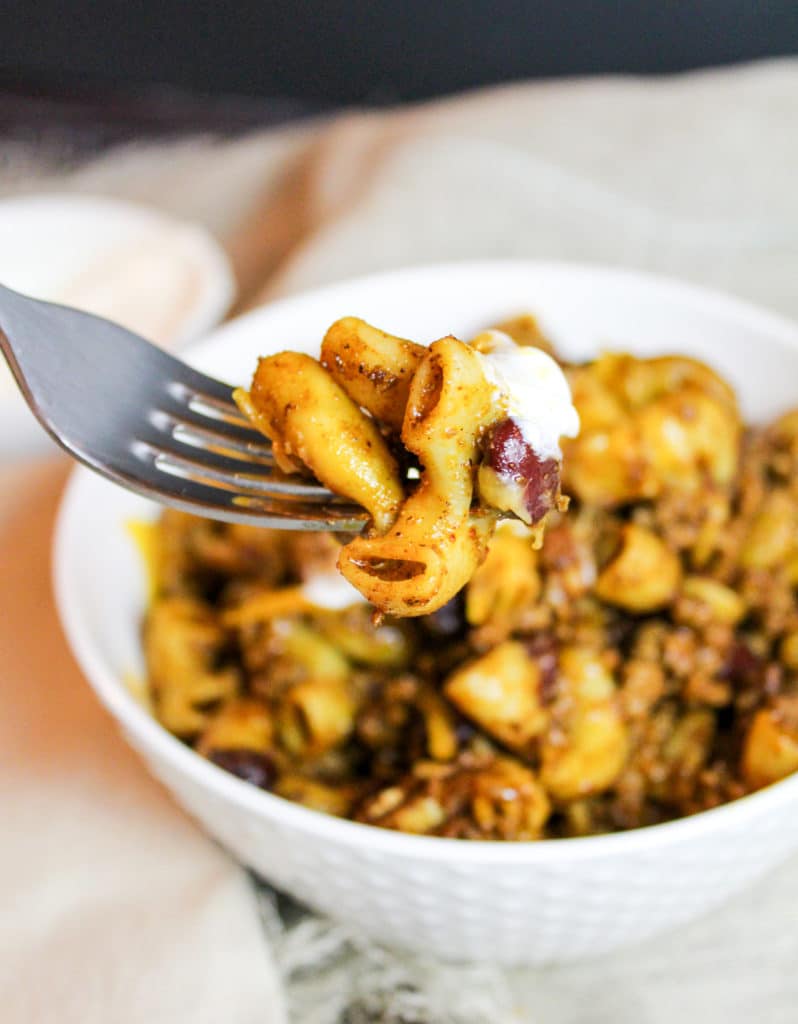chili mac in a bowl