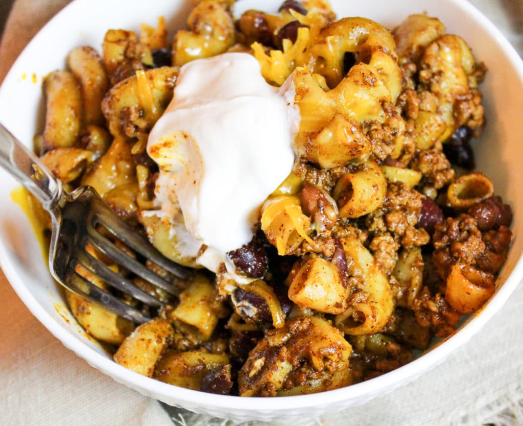 chili mac in a bowl