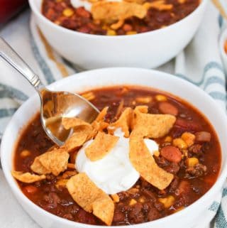 soup in a white bowl with a spoon