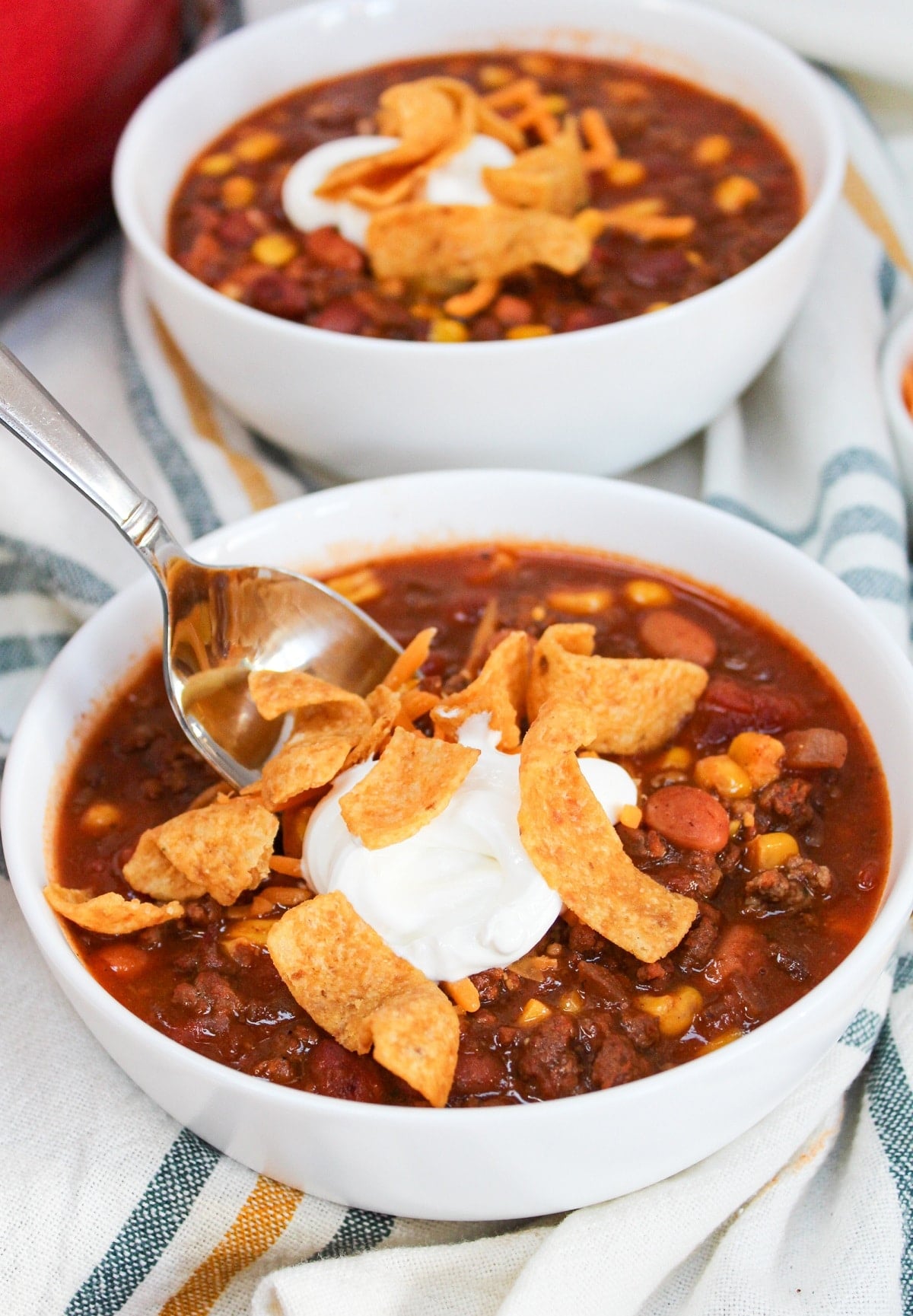 soup in a white bowl with a spoon