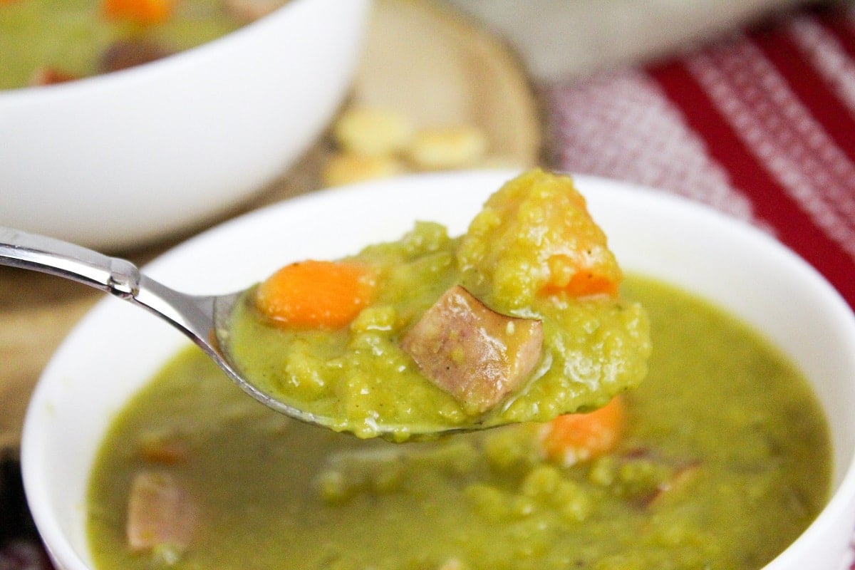 split pea and kielbasa on a spoon