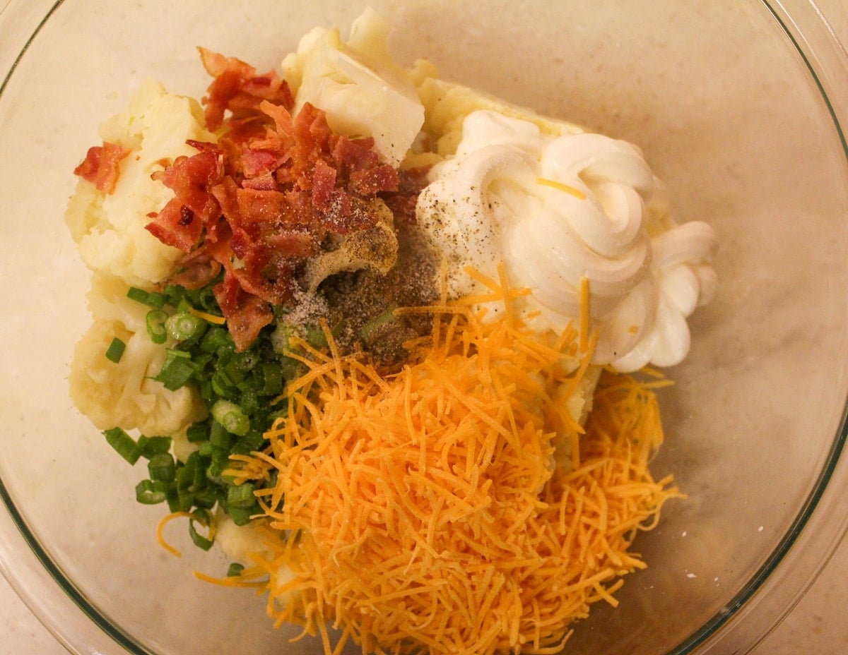 cauliflower with bacon, cheese, sour cream, and green onion