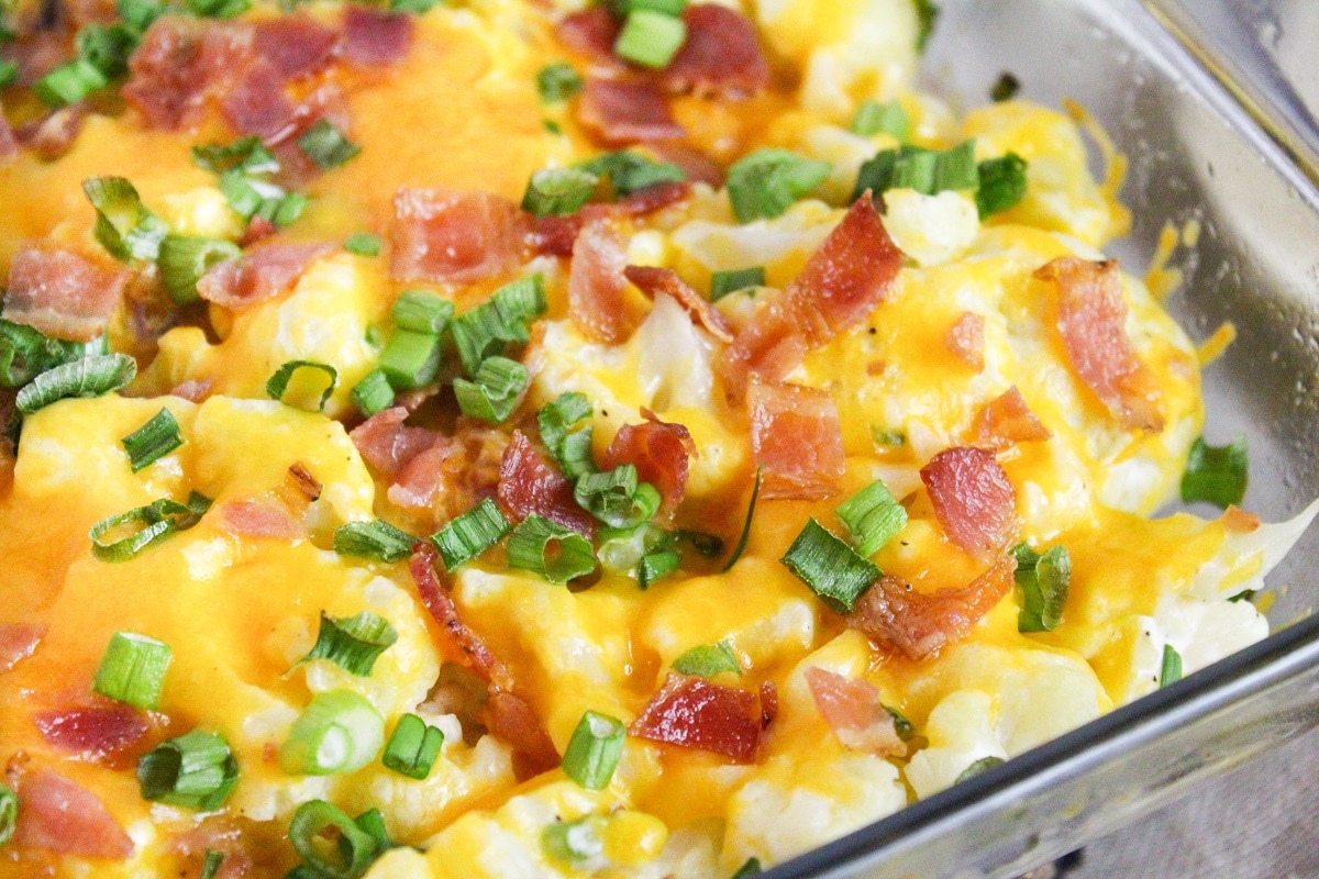 close up photo of toppings of loaded cauliflower casserole
