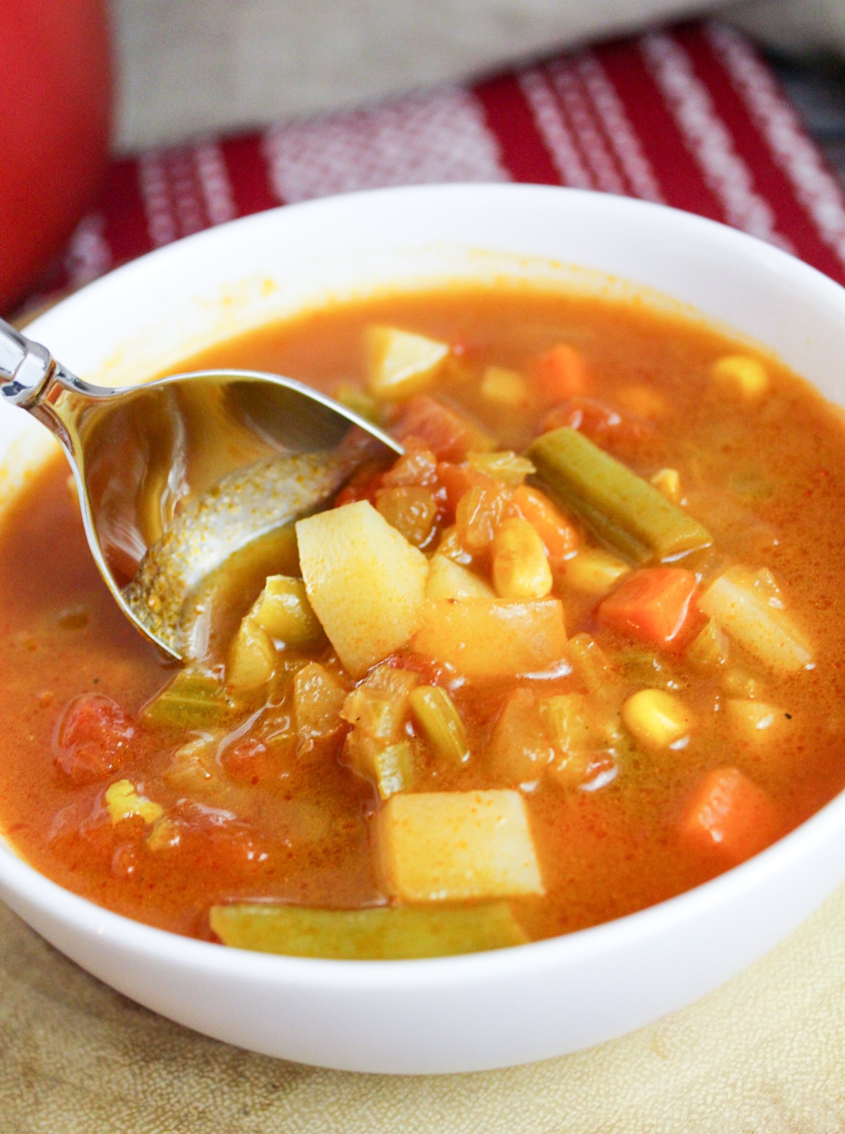 spoon dipped in soup bowl