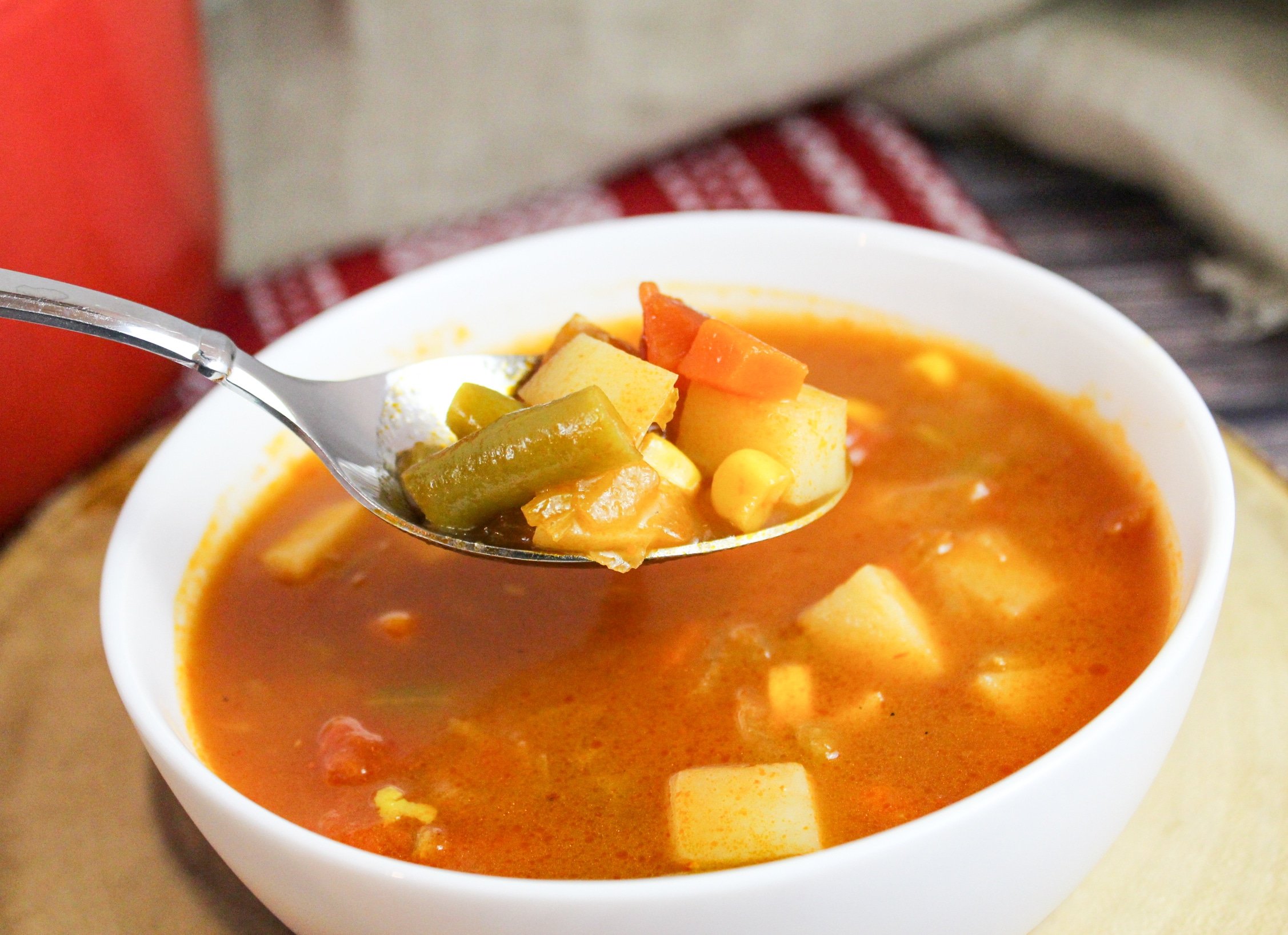 veggie soup on a spoon