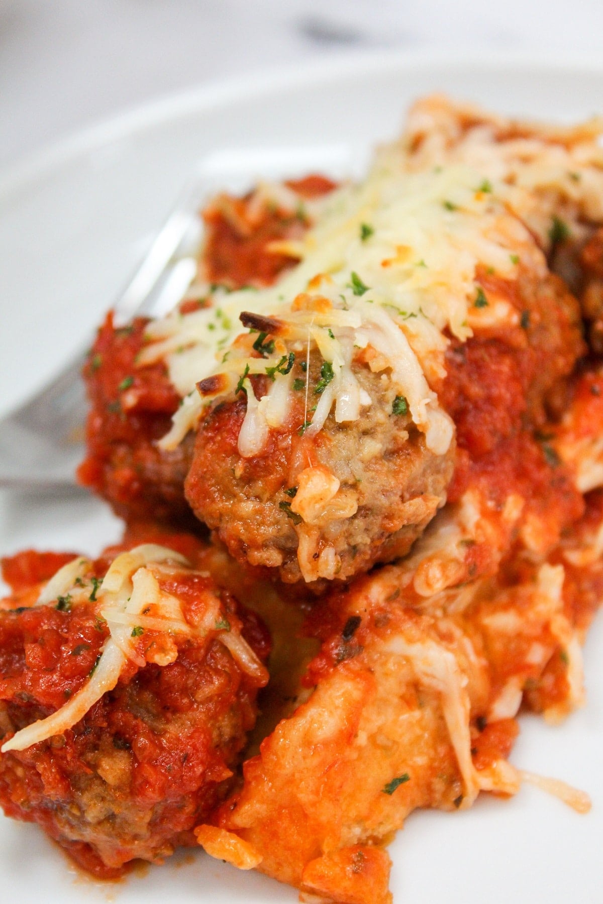 meatball sub casserole on a white plate