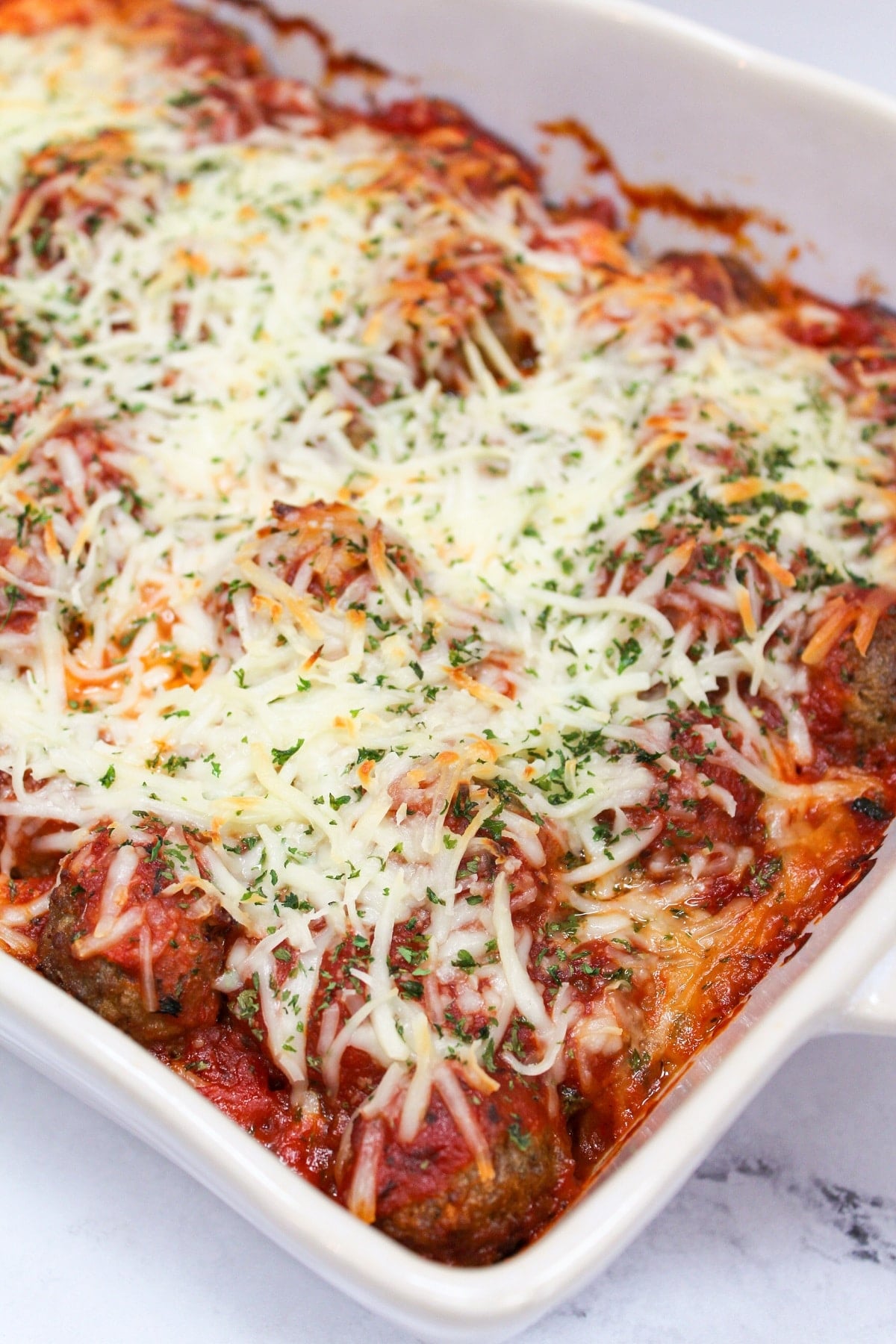 meatball sub casserole in a pan