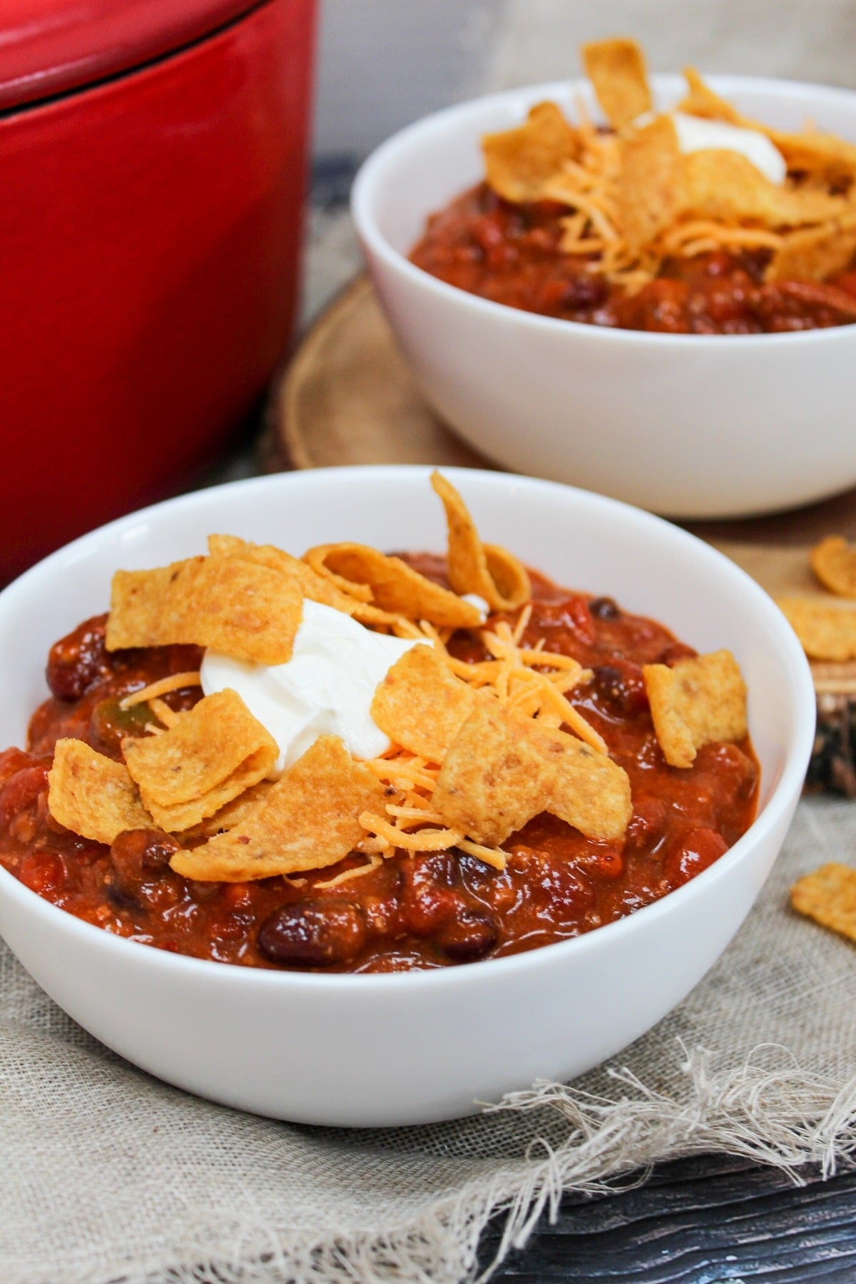 chili in a bowl with corn chips
