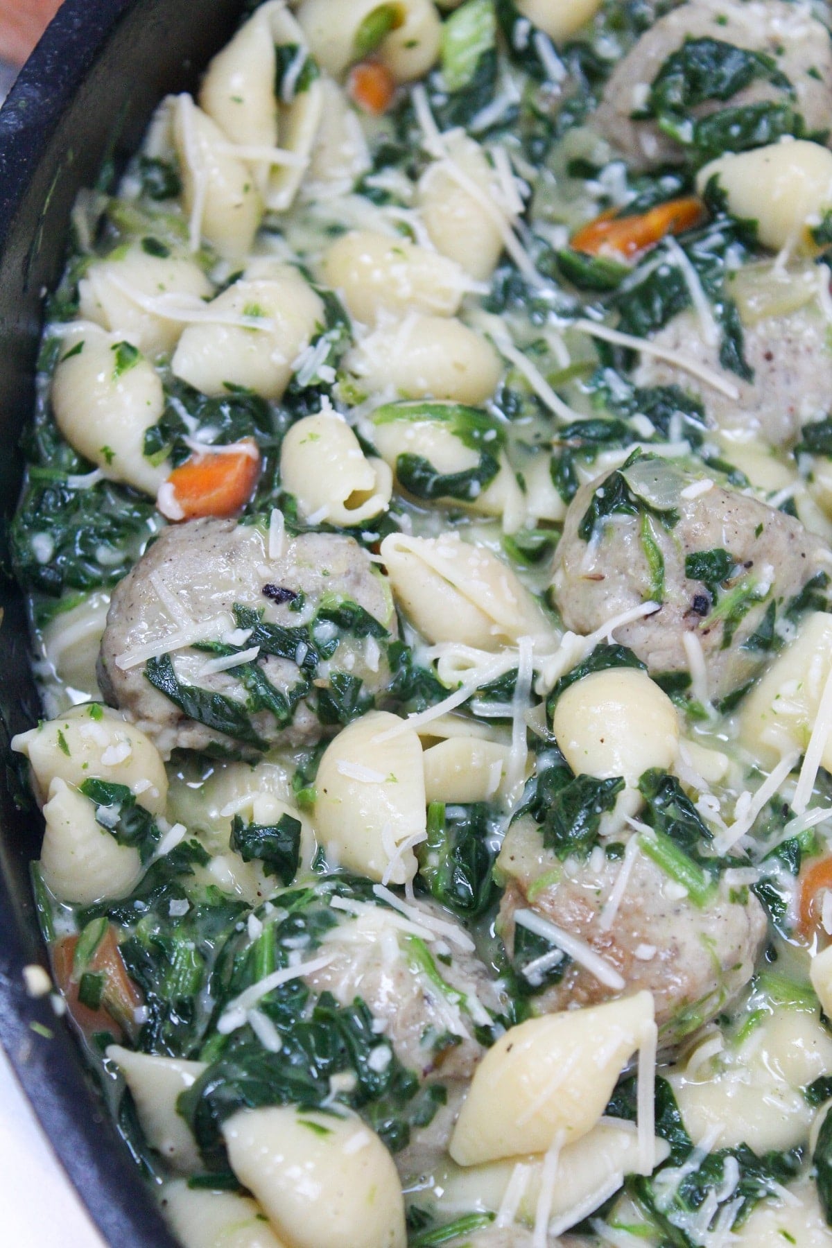 close photo Italian Wedding Soup skillet.