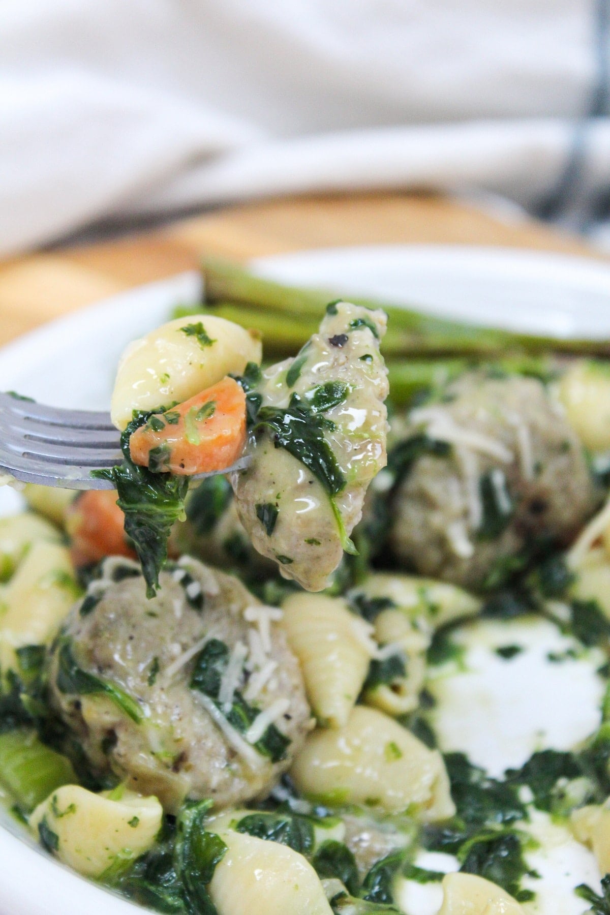 Italian Wedding Soup skillet on fork.