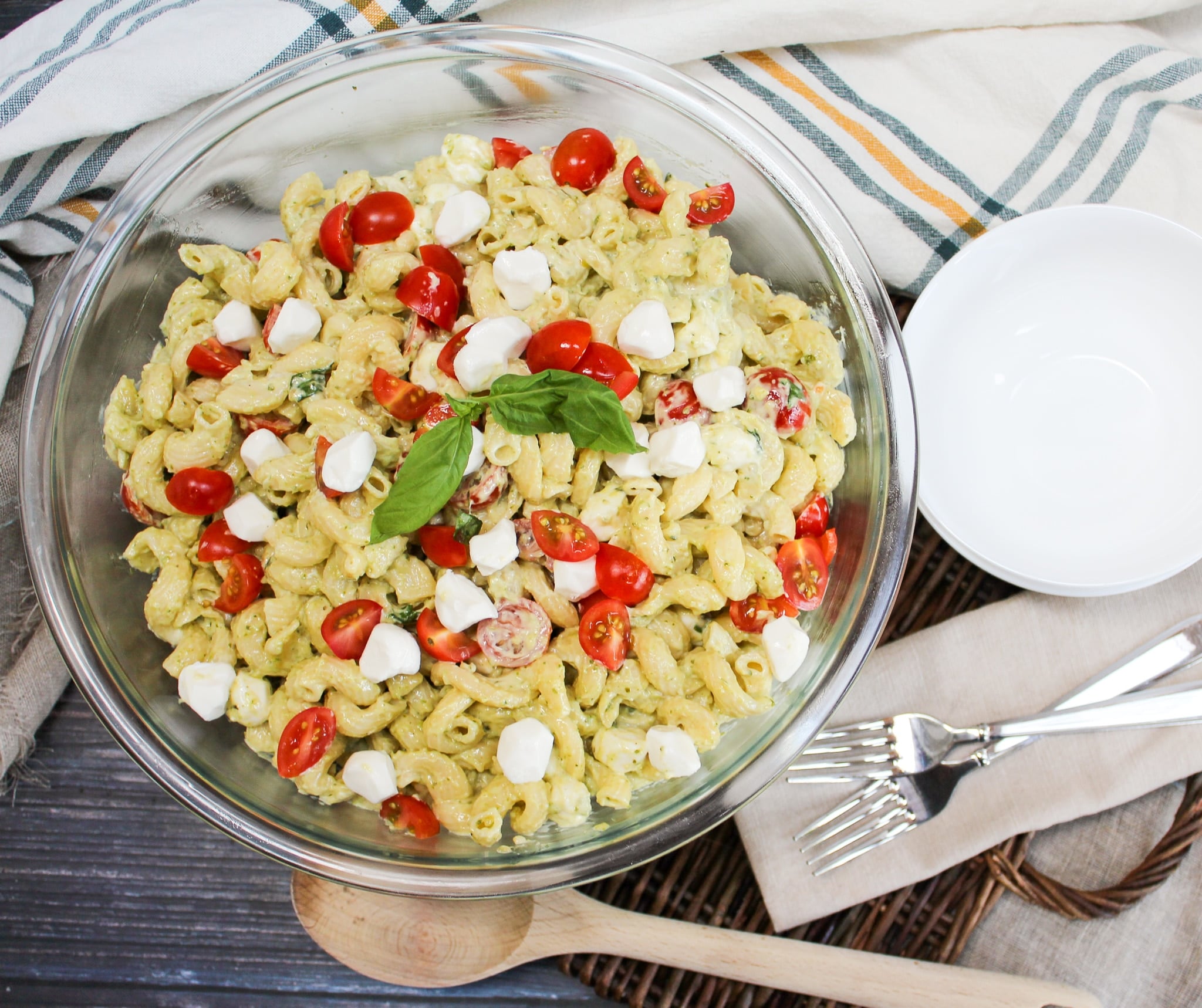 overhead picture of pasta salad in a glass bowl
