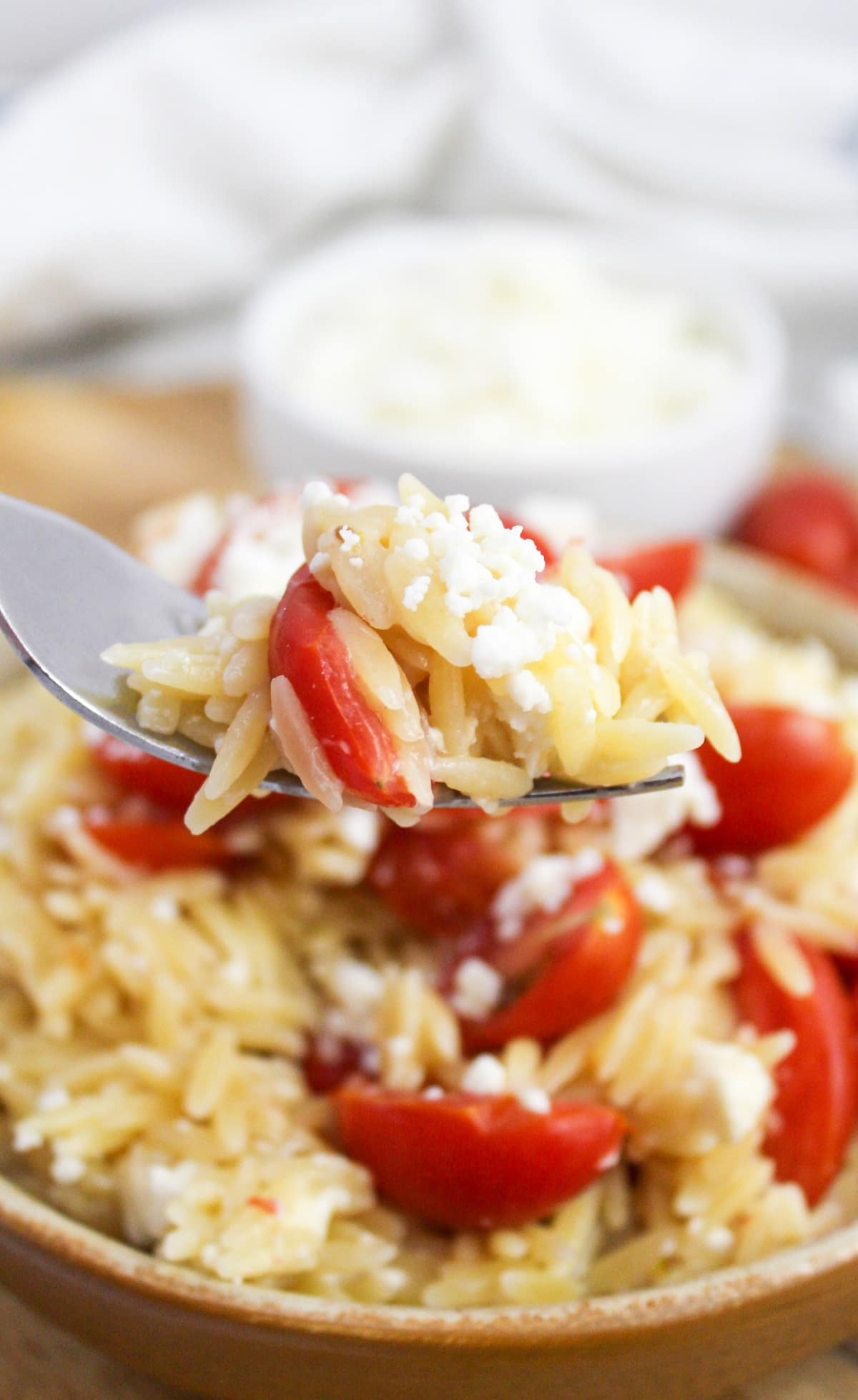 greek orzo with tomatoes and feta on a fork