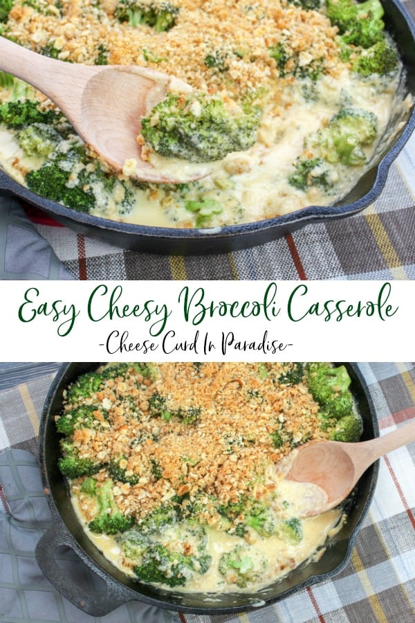 Broccoli florets covered in cheese sauce and topped with crushed crackers. Served in a round black baking pan.