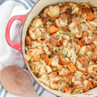 Stuffing with sweet potaotes and mushrooms in a red dutch oven