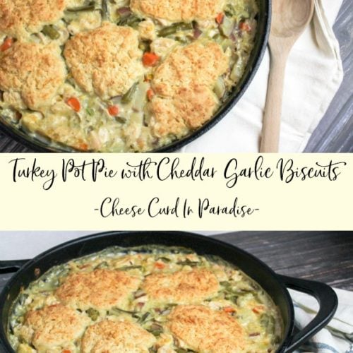 Creamy turkey shredded and baked with biscuits in a cast iron baking dish