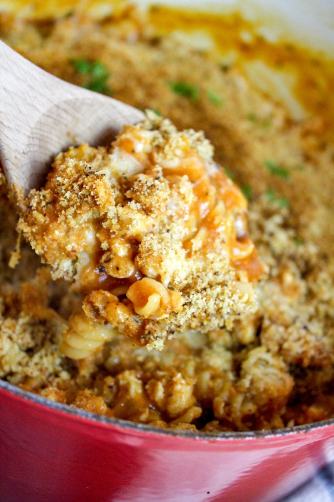 Pasta, chicken and sauce Scooped from a red pot
