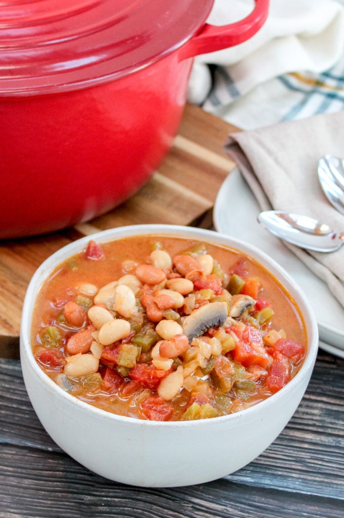 vegan bean soup in a white bowl