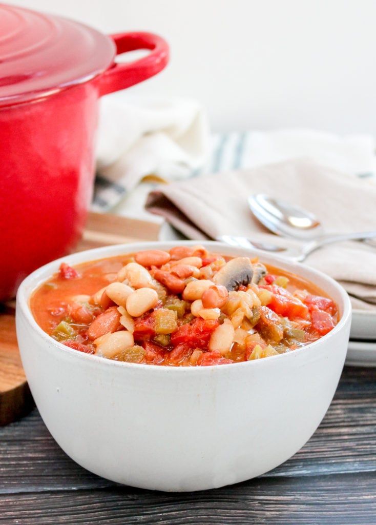 vegan bean soup in a white bowl