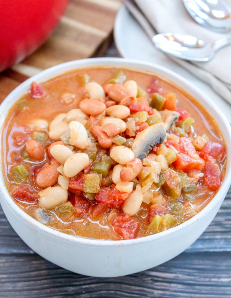 vegan bean soup in a white bowl