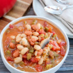 vegan bean soup in a white bowl