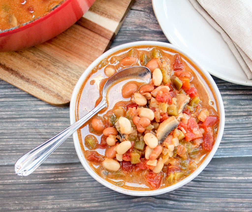 vegan bean soup in a white bowl
