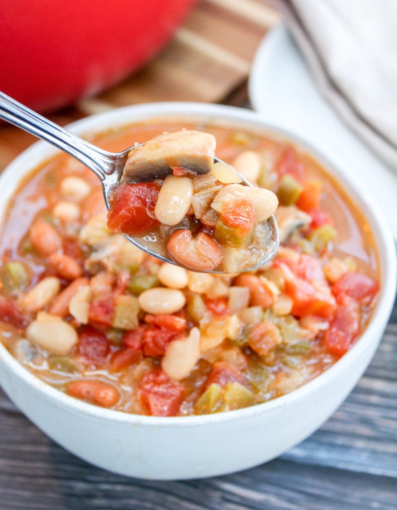 vegan bean soup in a white bowl