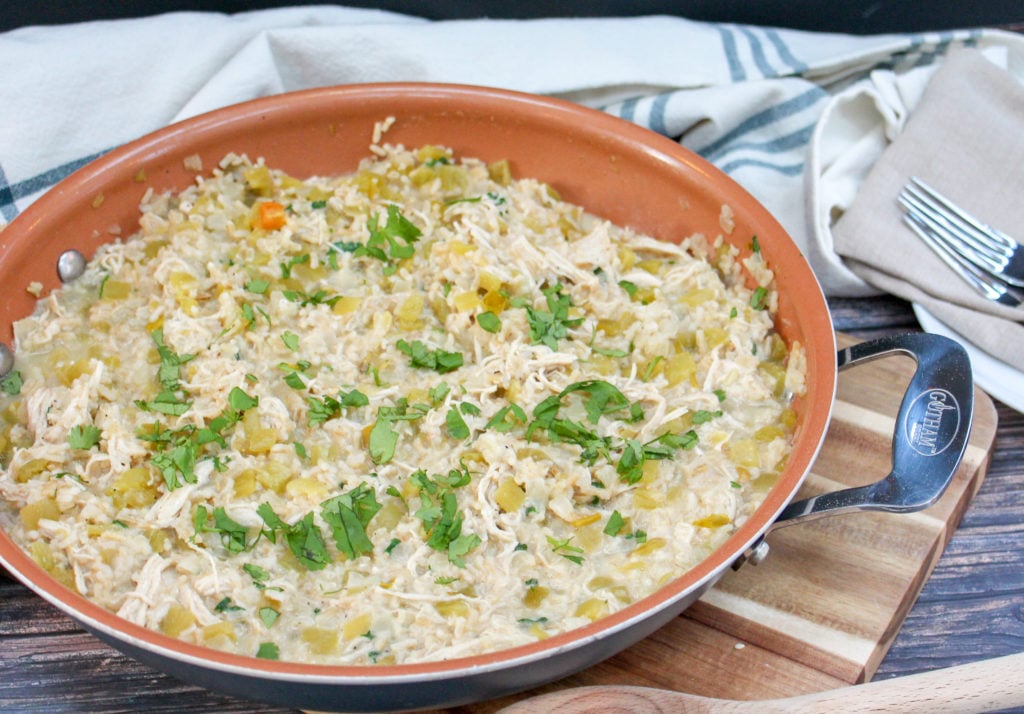 Chicken with Chile Cheese Rice in a skillet