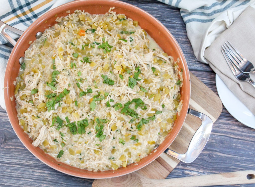 Chicken with Chile Cheese Rice in a skillet